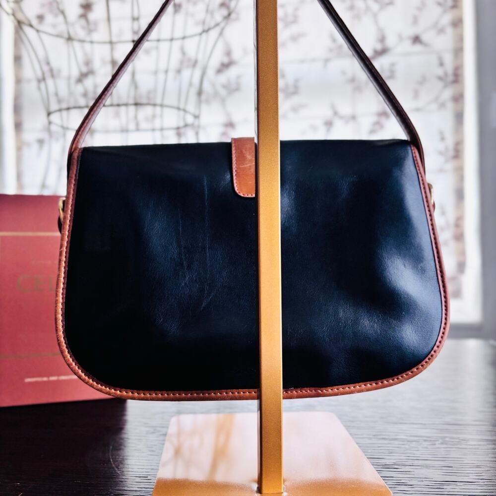 Vintage Celine Paris Blason Black Leather Shoulder Bag Tan Trim Made in Italy - Picture 5 of 16